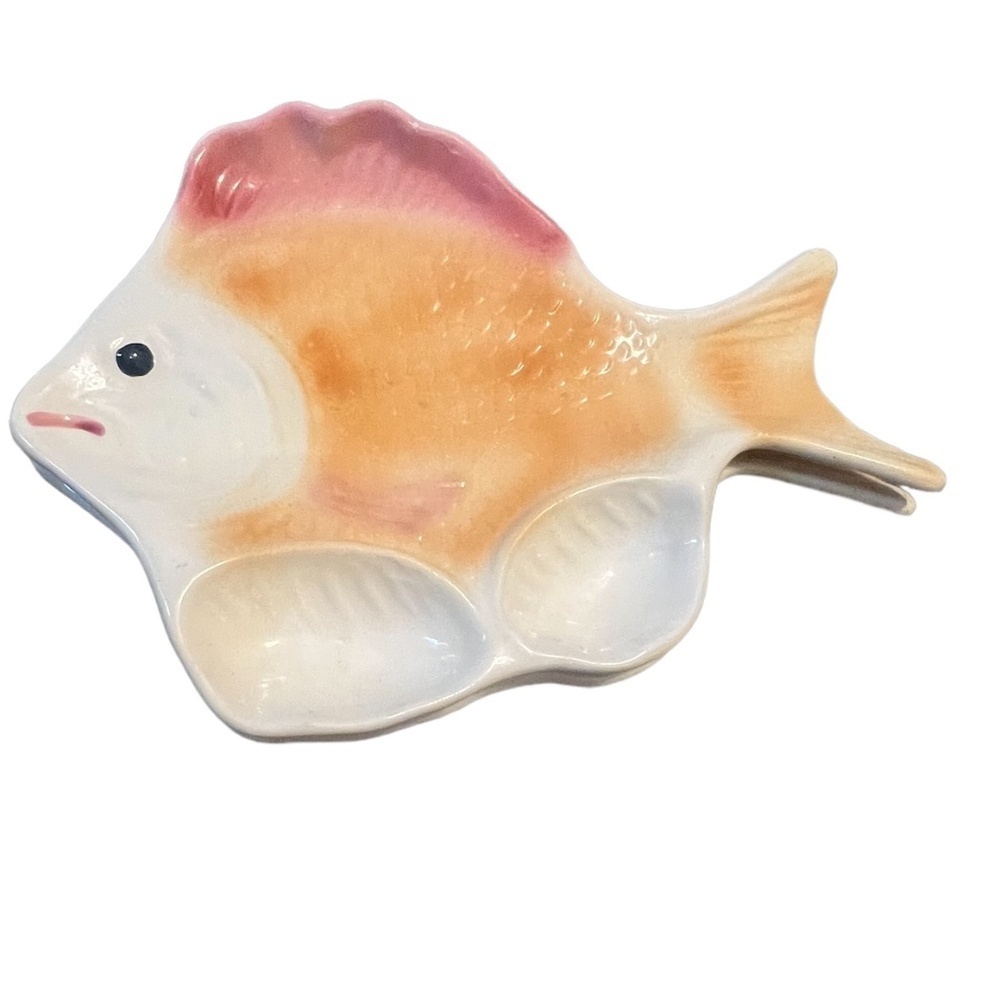 Vintage Heavy Ceramic Fish Platter, 13.5" Two Shells for Dips, Fish Shape Scales